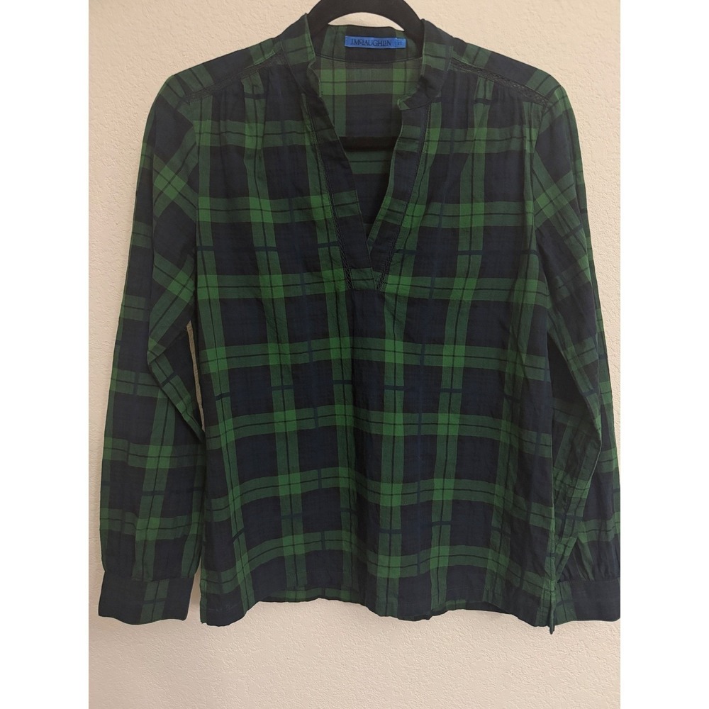 J.McLaughlin‎ Green Navy Plaid Cotton Blouse XS Split Neck Long Sleeve Top